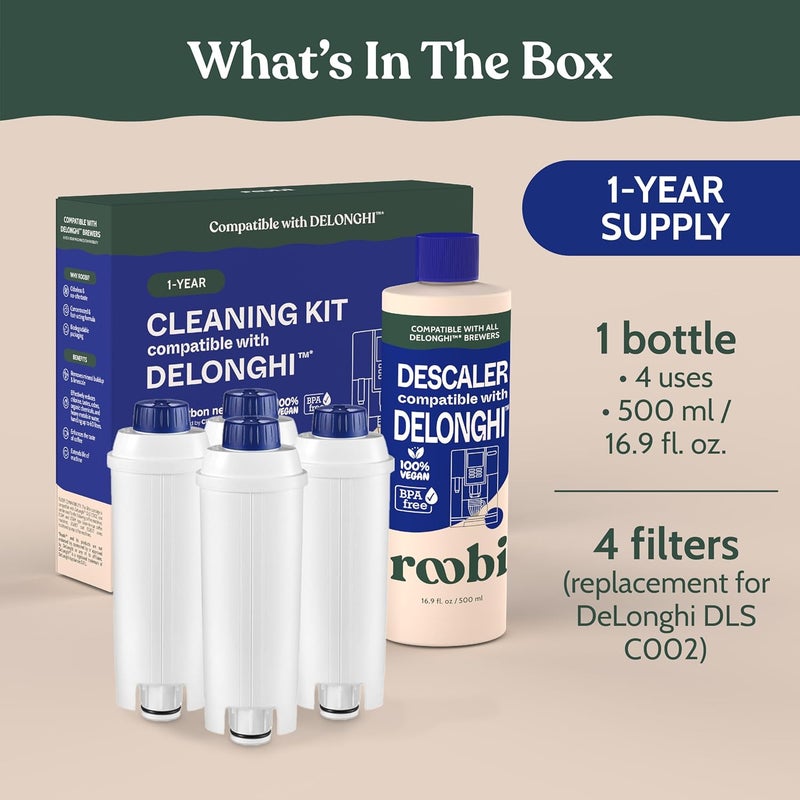 Roobi DeLonghi Compatible Cleaning Descaling Kit. Includes 1 Bottle of Descaling Solution and 4 DeLonghi Filters. Carbon Neutral DeLonghi Cleaner Descaler Kit. 1 Year Supply. - Image 2